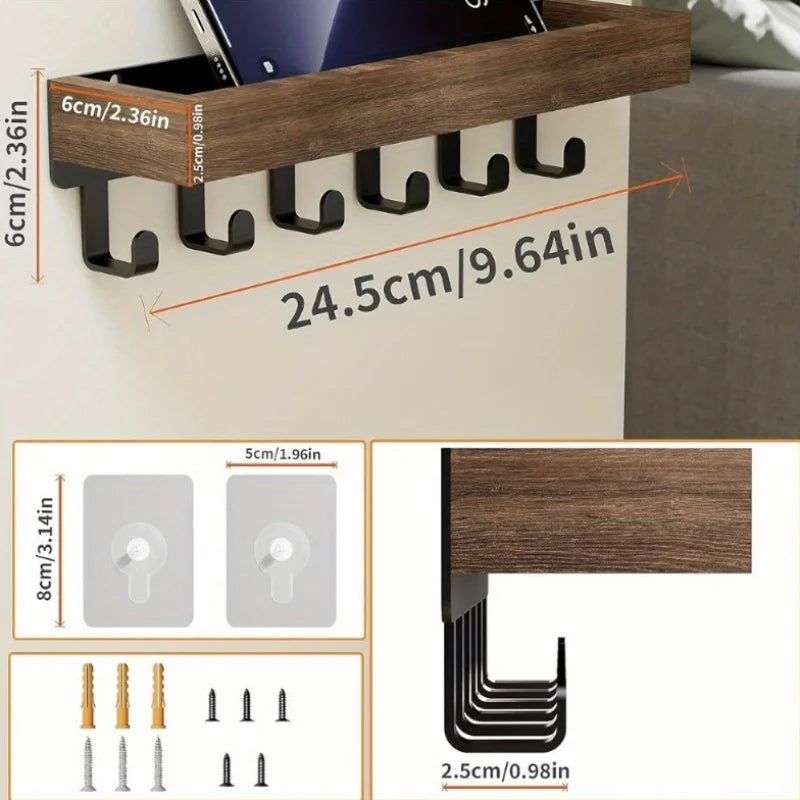Rustic Wooden Floating Shelf with 6 Hooks Shower Caddy and Key Holder