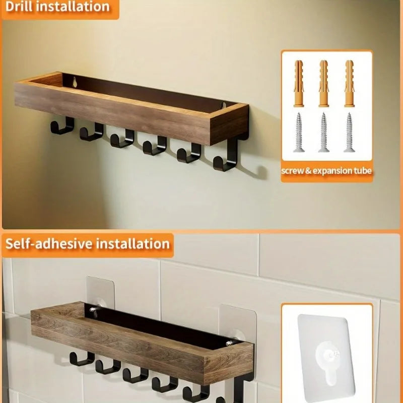 Rustic Wooden Floating Shelf with 6 Hooks Shower Caddy and Key Holder