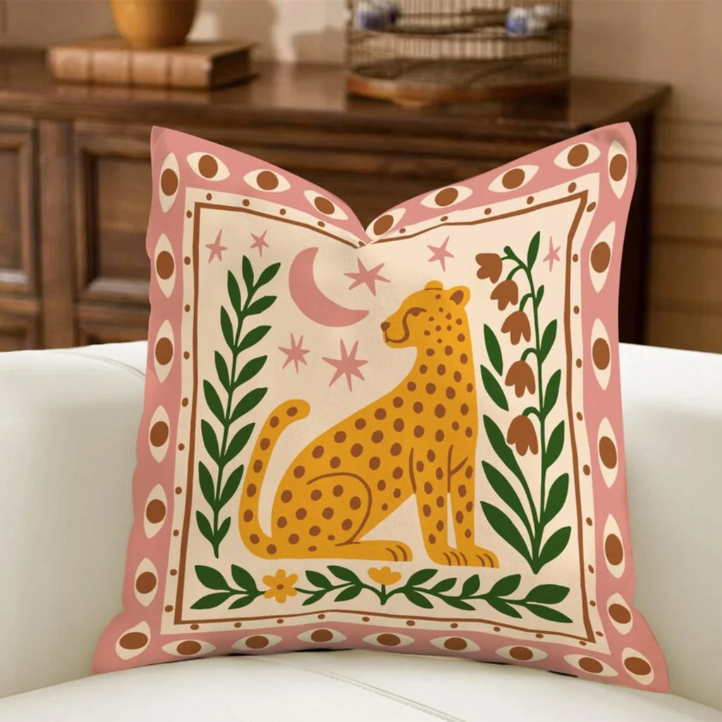 Minimal Boho Sun Leopard Palm Tree Pillow Cover