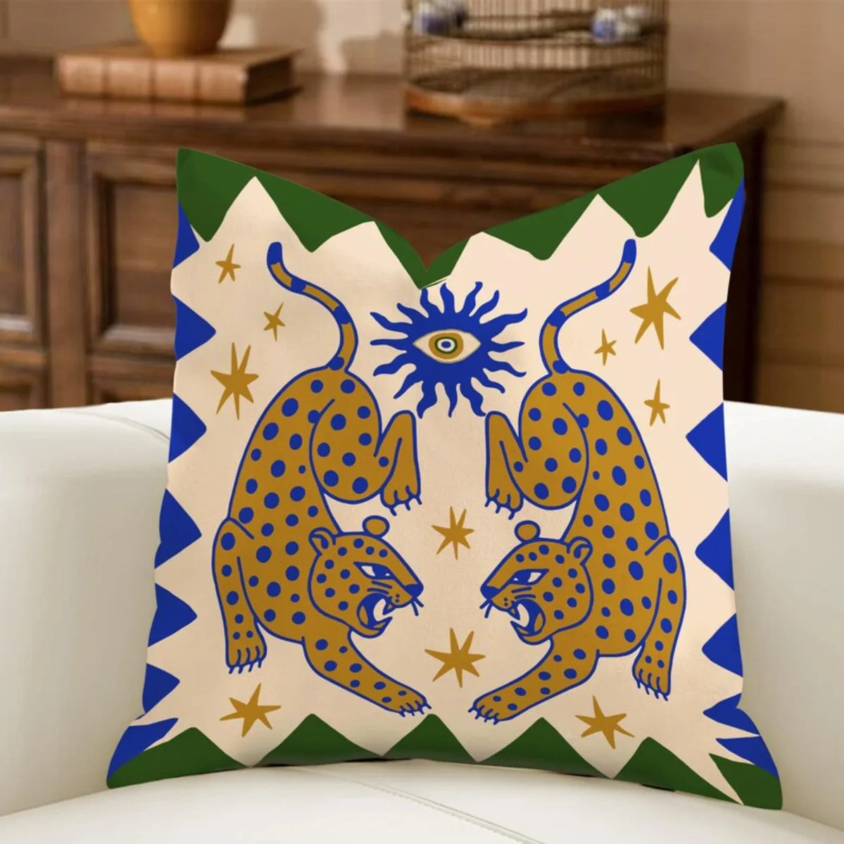 Minimal Boho Sun Leopard Palm Tree Pillow Cover