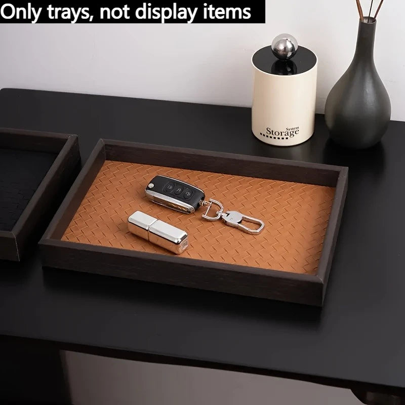 1pc Woven Texture Faux Leather Storage Tray