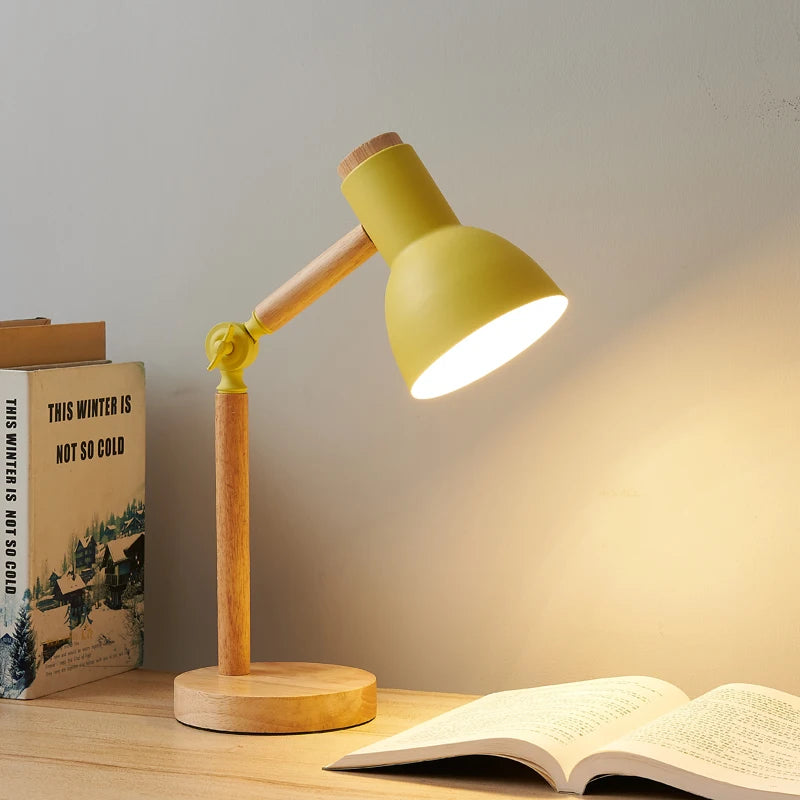 Creative Nordic Table Lamp Wooden Art LED Turn Head Simple Bedside Desk Light
