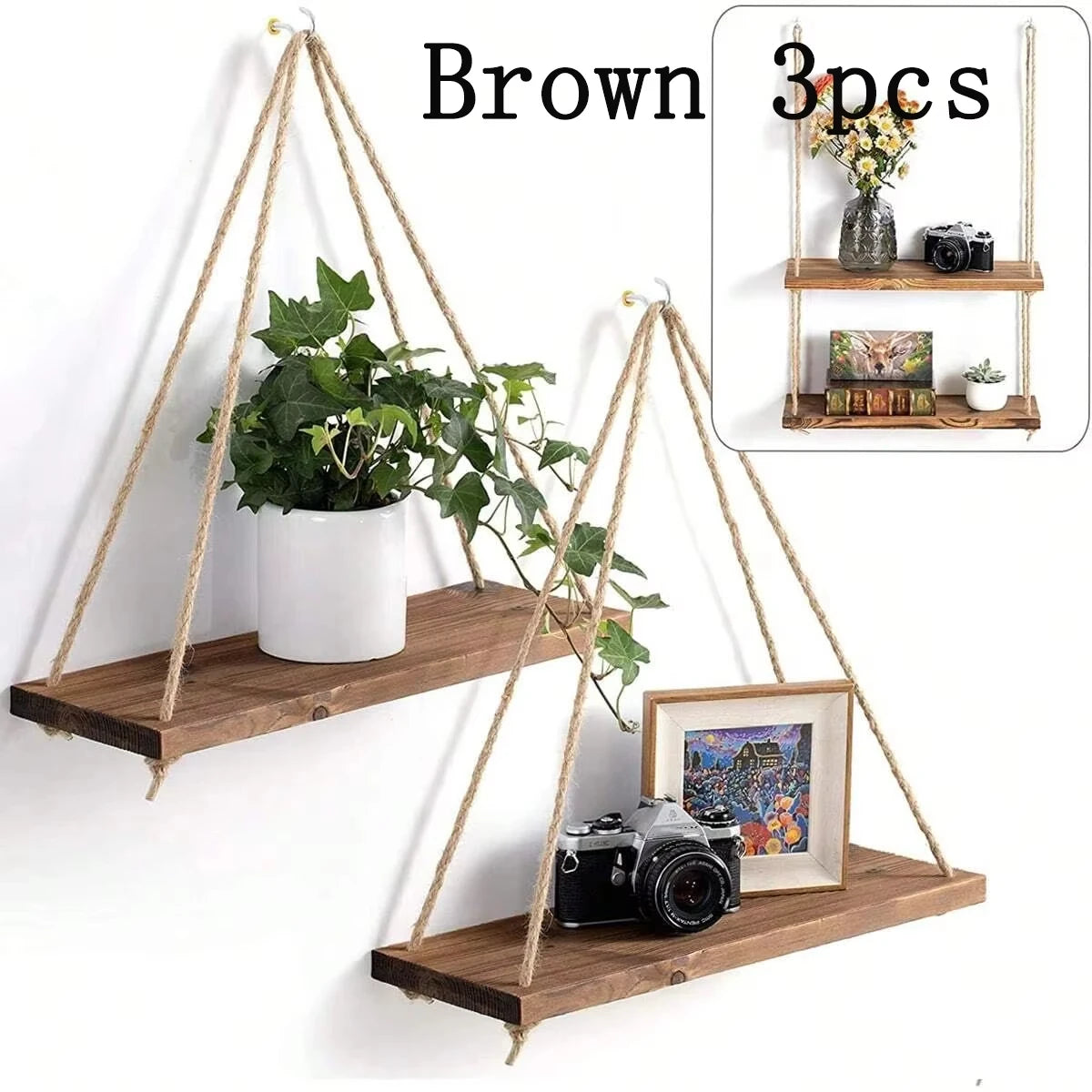 1PC Wooden Swing Hanging Hemp Rope Wall Shelve