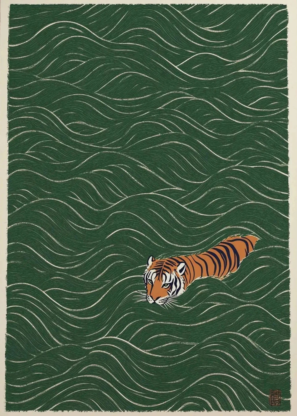 Retro Japanese Forest & Koi Fish Zen Water Waves Crane Painting Canvas Poster Print