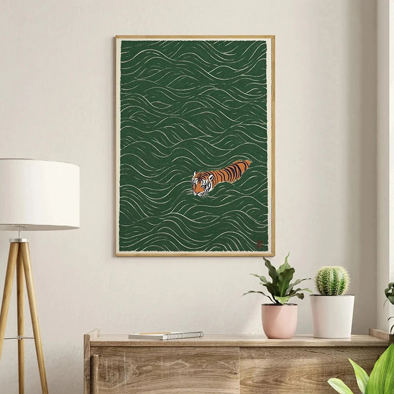 Retro Japanese Forest & Koi Fish Zen Water Waves Crane Painting Canvas Poster Print