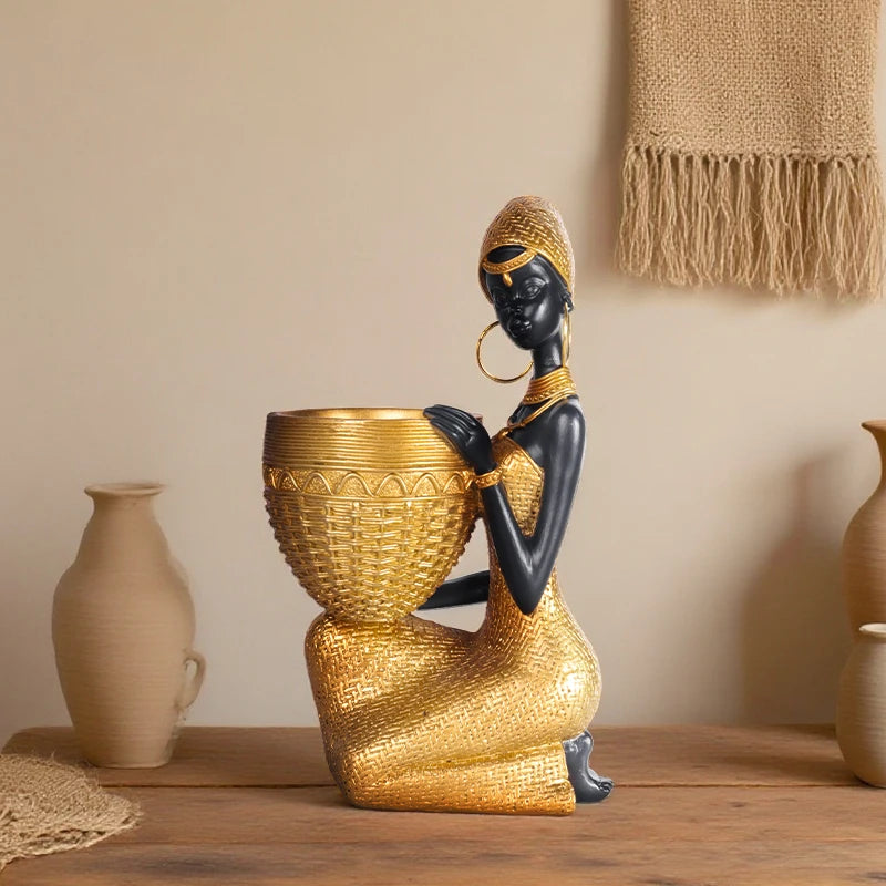 African Girl Holding a Plate Sculpture