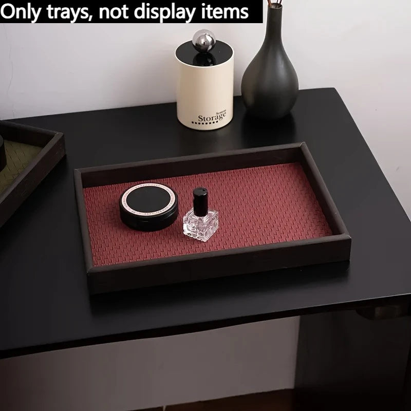 1pc Woven Texture Faux Leather Storage Tray