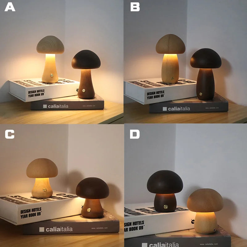Wooden Mushrooms Night Light Touch Switch Bedroom Bedside Table Lamp