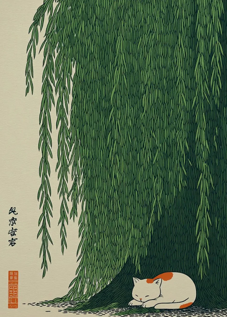Retro Japanese Forest & Koi Fish Zen Water Waves Crane Painting Canvas Poster Print
