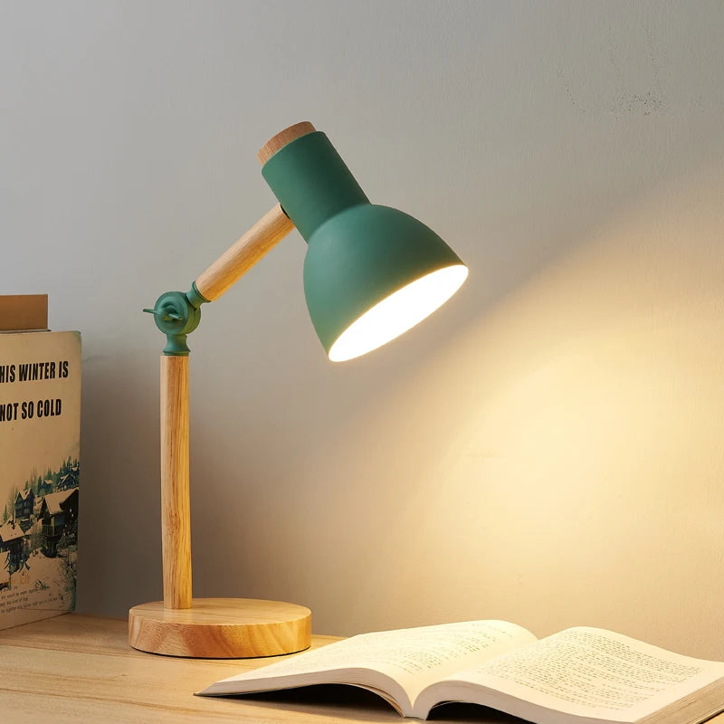 Creative Nordic Table Lamp Wooden Art LED Turn Head Simple Bedside Desk Light