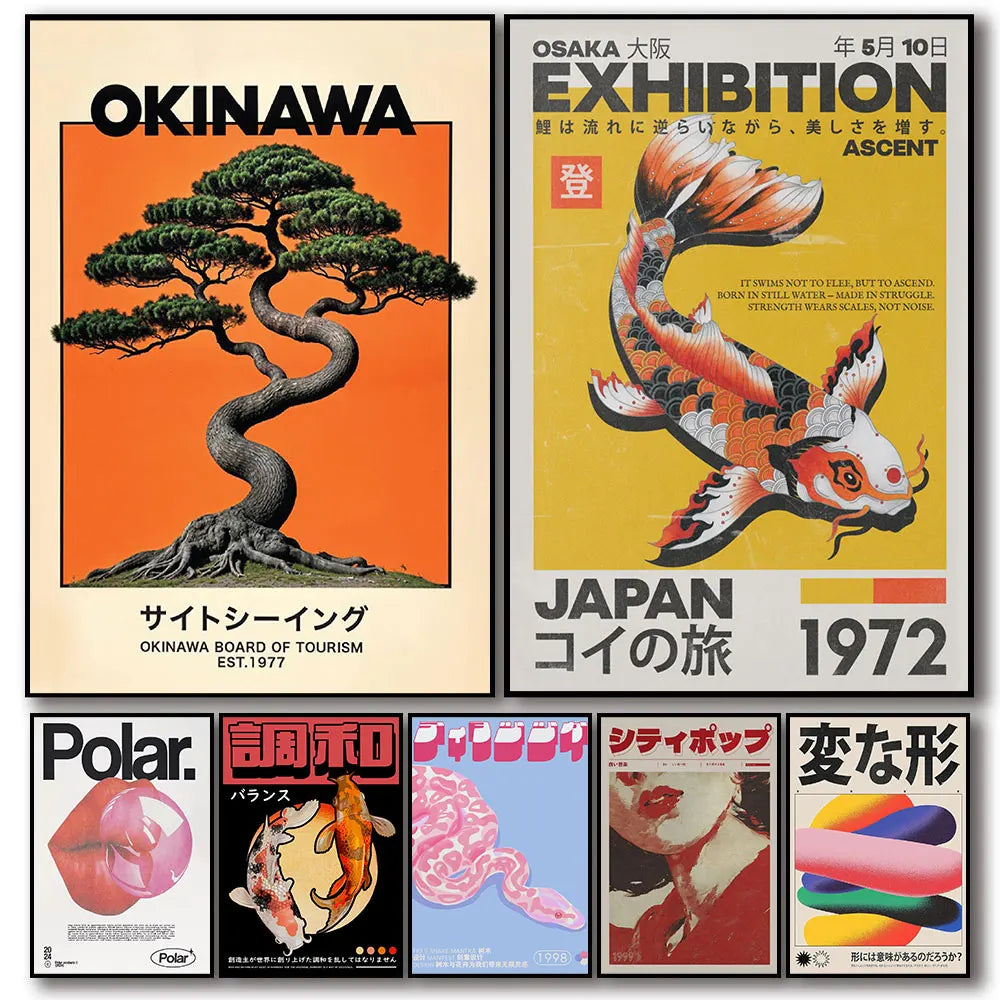 Japanese OKINAWA Koi Fish Flowers Trees Canvas Print Poster