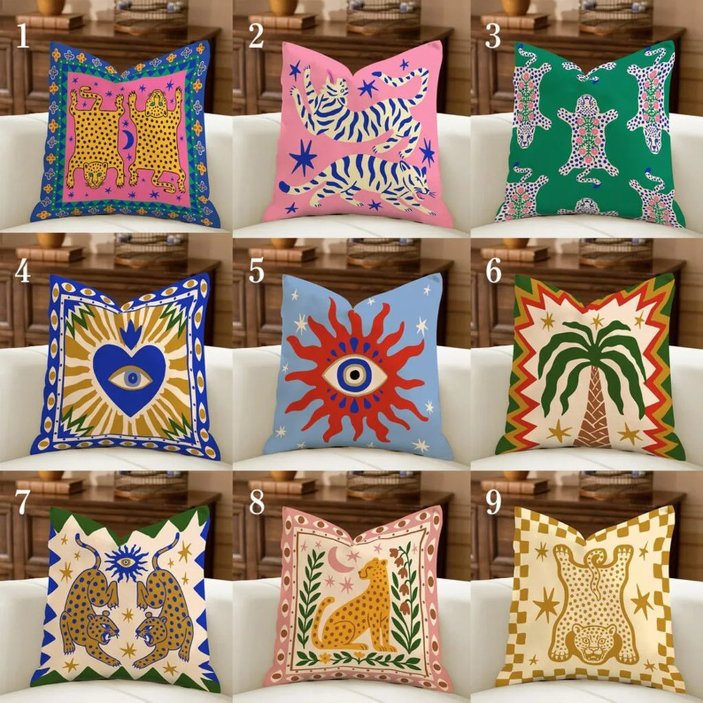 Minimal Boho Sun Leopard Palm Tree Pillow Cover