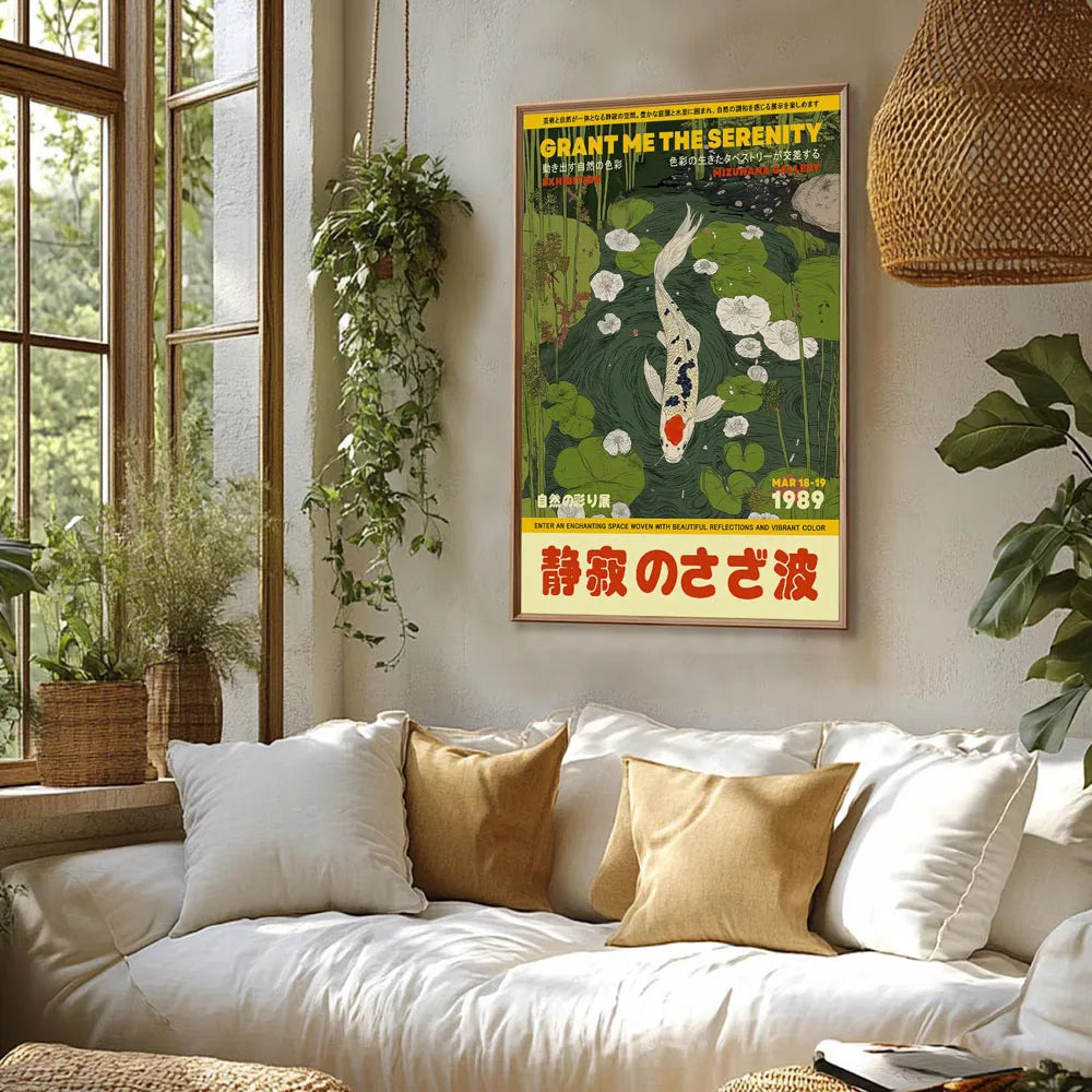 Japanese OKINAWA Koi Fish Flowers Trees Canvas Print Poster