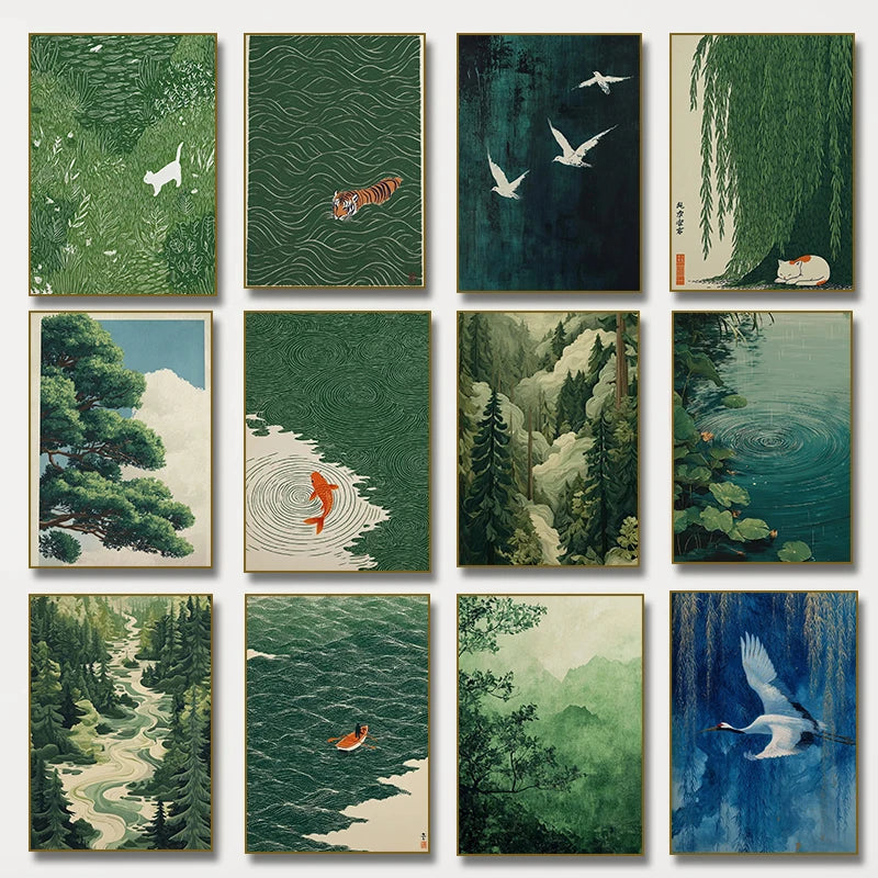 Retro Japanese Forest & Koi Fish Zen Water Waves Crane Painting Canvas Poster Print