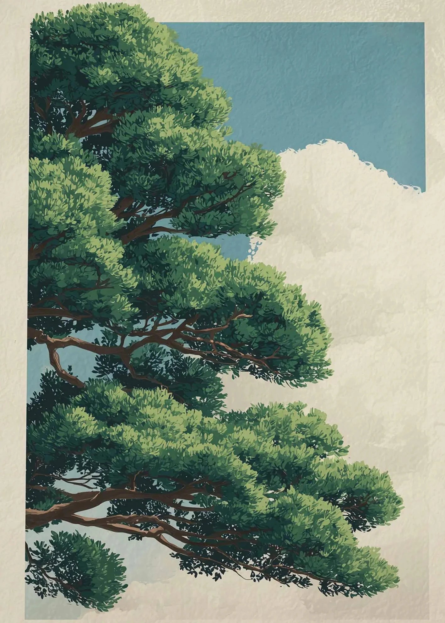 Retro Japanese Forest & Koi Fish Zen Water Waves Crane Painting Canvas Poster Print