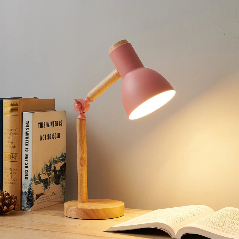Creative Nordic Table Lamp Wooden Art LED Turn Head Simple Bedside Desk Light