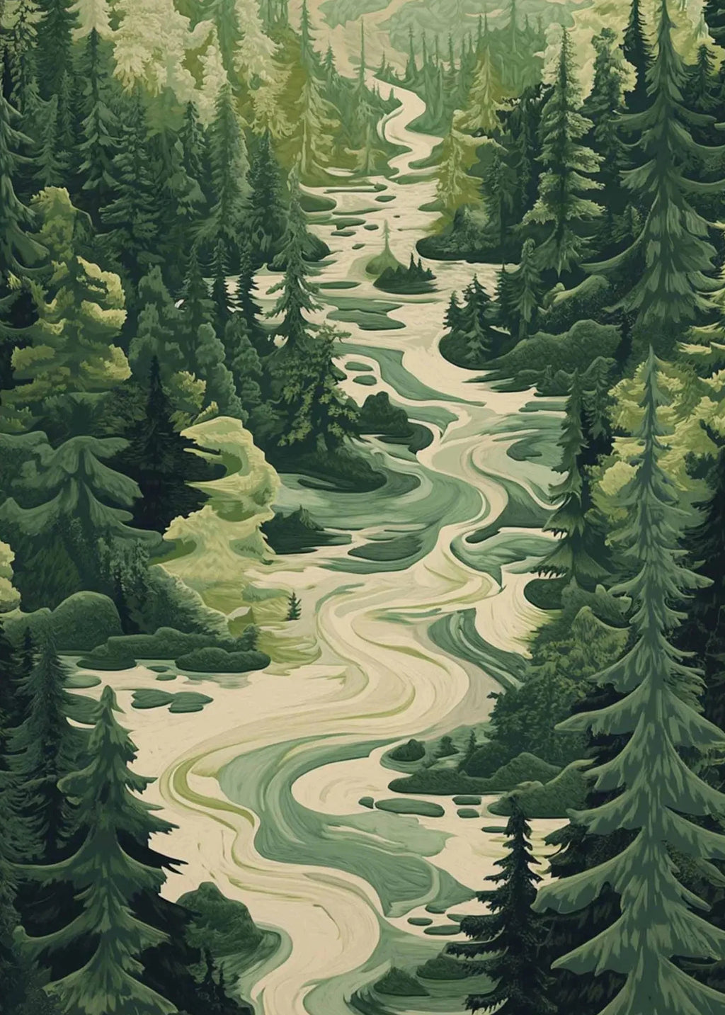 Retro Japanese Forest & Koi Fish Zen Water Waves Crane Painting Canvas Poster Print