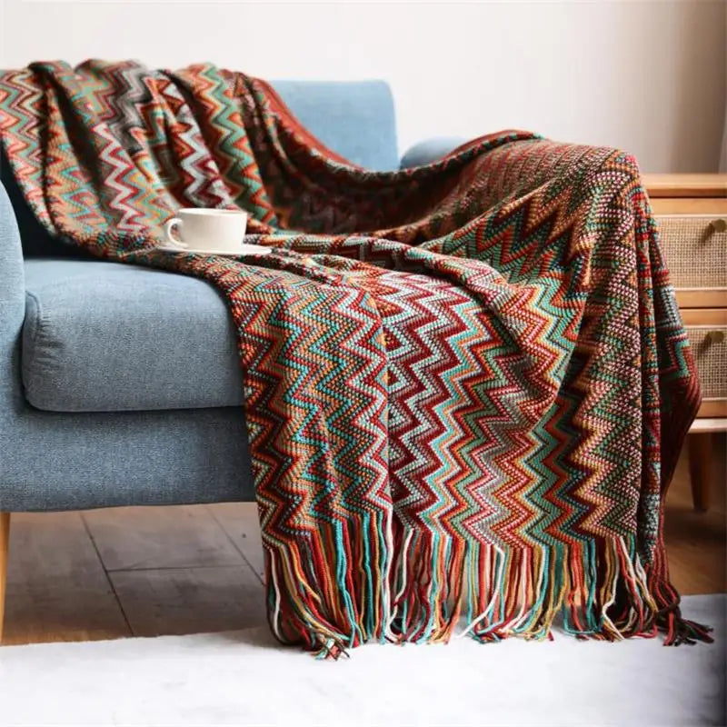 100% Acryl Hand Knitted Blanket with Tassel