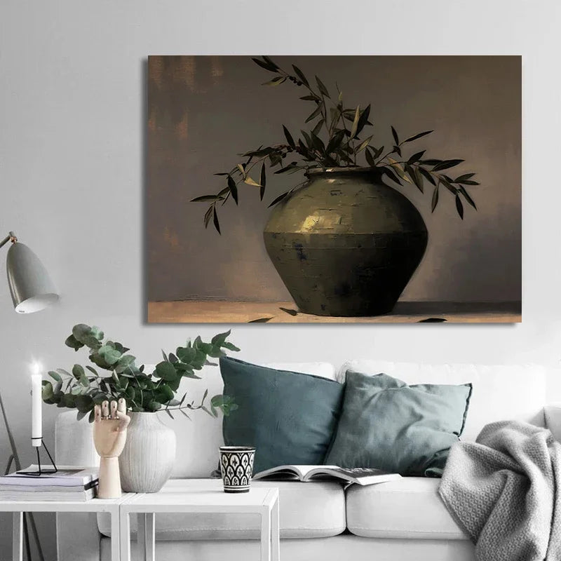 Vintage Minimalist Wall Art Italy Olive Tree in Vase Canvas Painting Poster