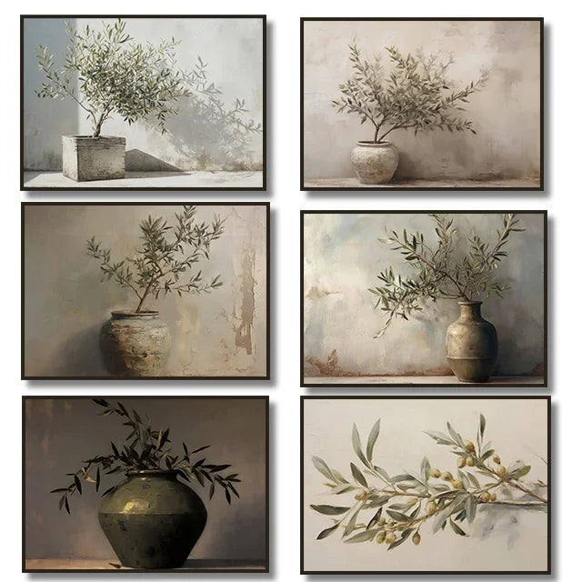 Vintage Minimalist Wall Art Italy Olive Tree in Vase Canvas Painting Poster