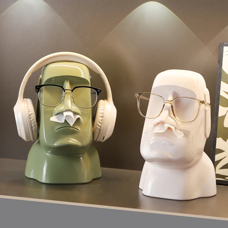 Creative Moai Stone Statue Tissue Box Glasses Holder Head Mounted Earphone Stand