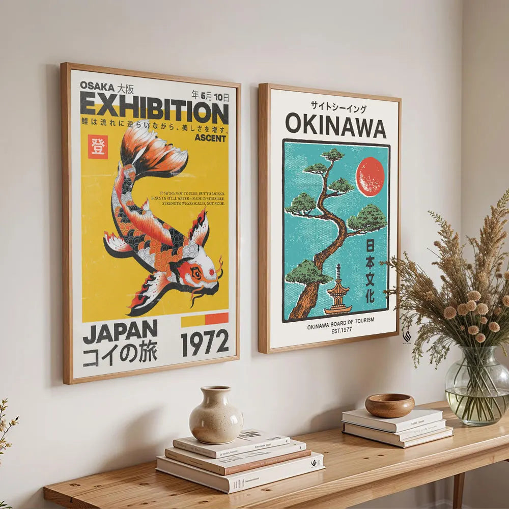 Japanese OKINAWA Koi Fish Flowers Trees Canvas Print Poster