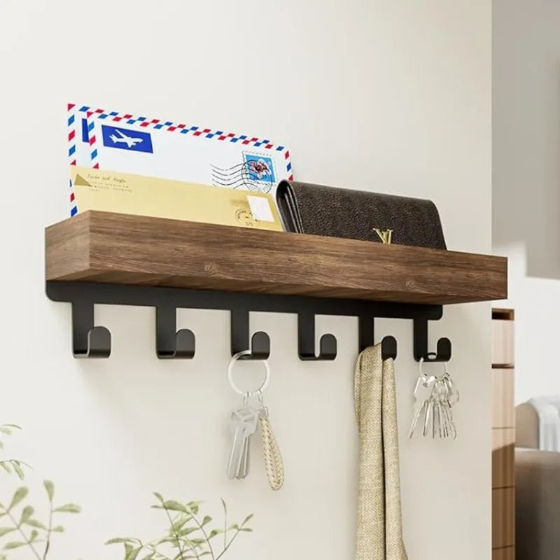 Rustic Wooden Floating Shelf with 6 Hooks Shower Caddy and Key Holder