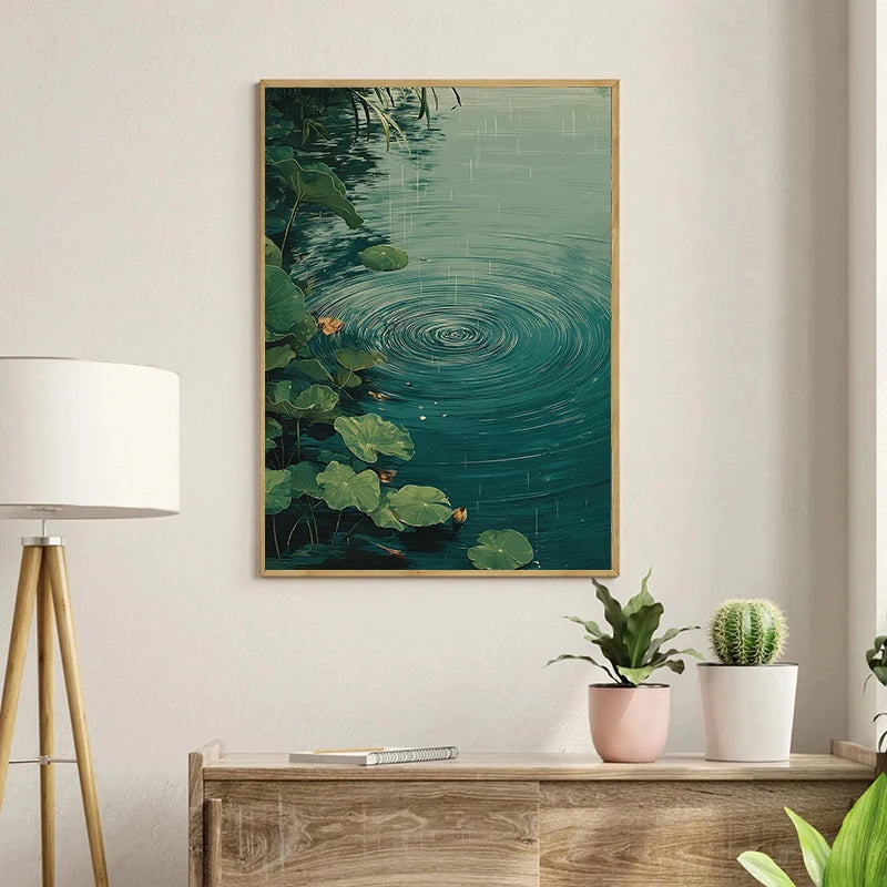 Retro Japanese Forest & Koi Fish Zen Water Waves Crane Painting Canvas Poster Print