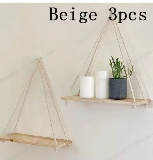 1PC Wooden Swing Hanging Hemp Rope Wall Shelve