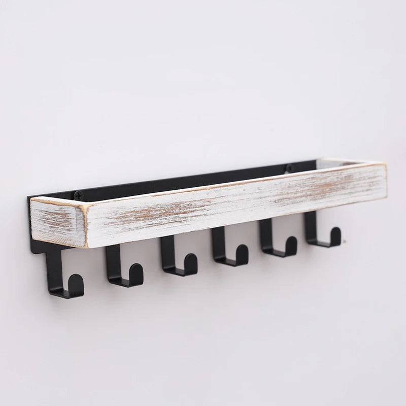 Rustic Wooden Floating Shelf with 6 Hooks Shower Caddy and Key Holder