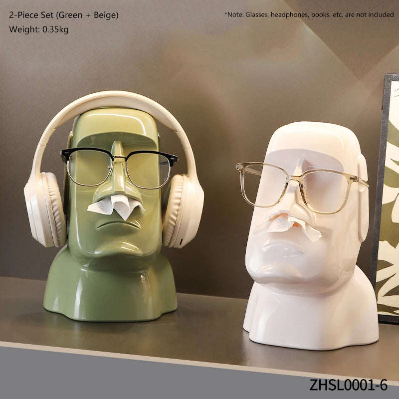 Creative Moai Stone Statue Tissue Box Glasses Holder Head Mounted Earphone Stand