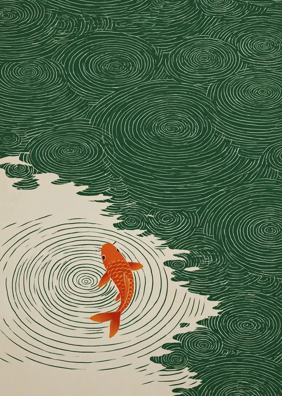 Retro Japanese Forest & Koi Fish Zen Water Waves Crane Painting Canvas Poster Print