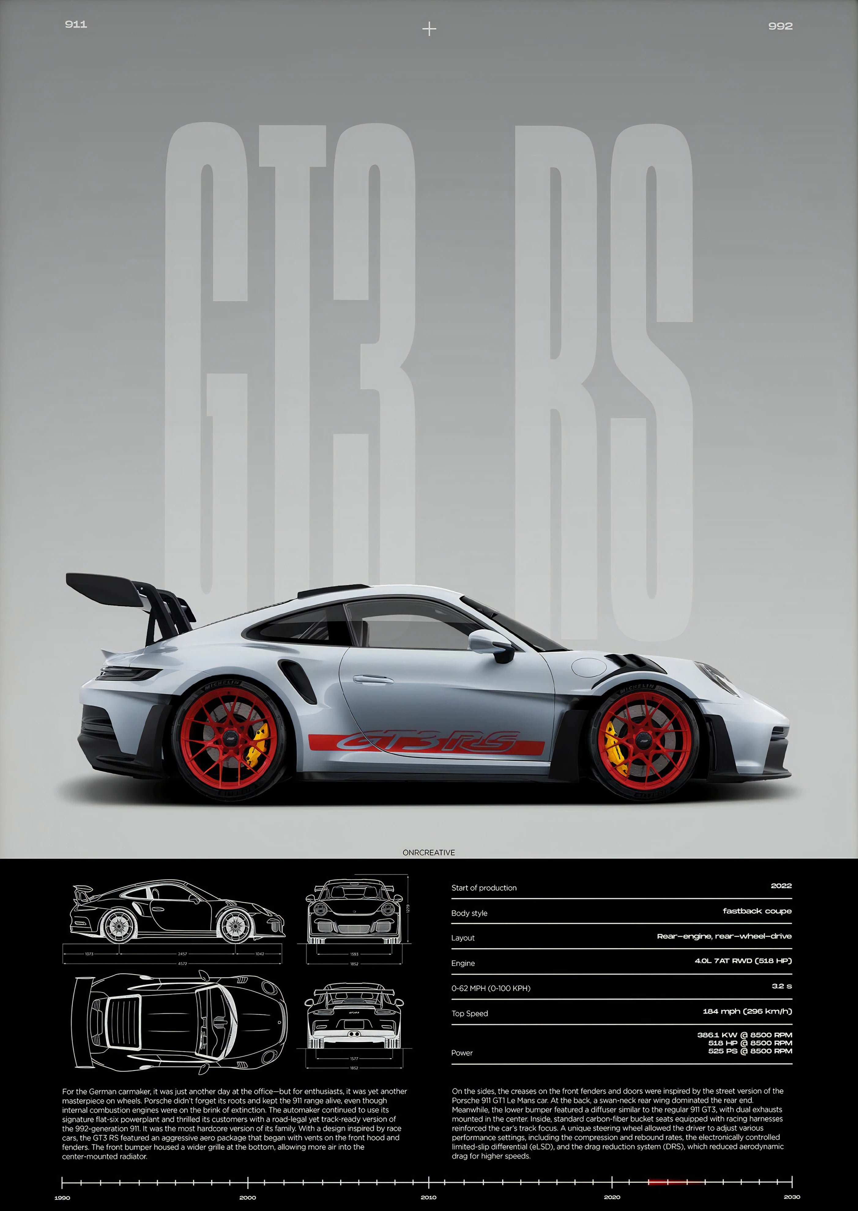 Minimalist 911 GT3-RS 718 GT4 RS Hyper Car Sports Car Supercar Poster