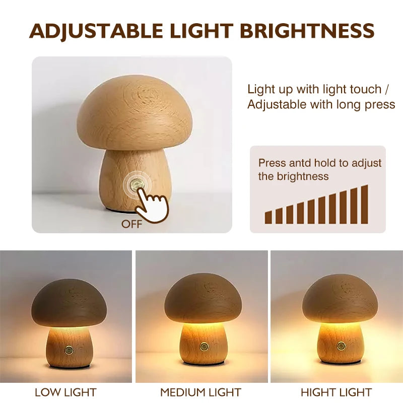 Wooden Mushrooms Night Light Touch Switch Bedroom Bedside Table Lamp