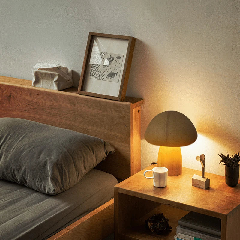 Wooden Mushrooms Night Light Touch Switch Bedroom Bedside Table Lamp