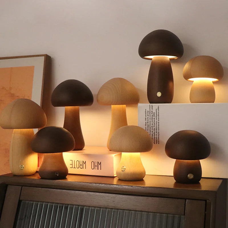 Wooden Mushrooms Night Light Touch Switch Bedroom Bedside Table Lamp