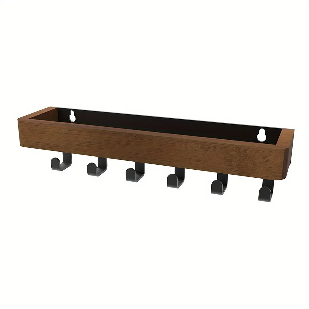 Rustic Wooden Floating Shelf with 6 Hooks Shower Caddy and Key Holder