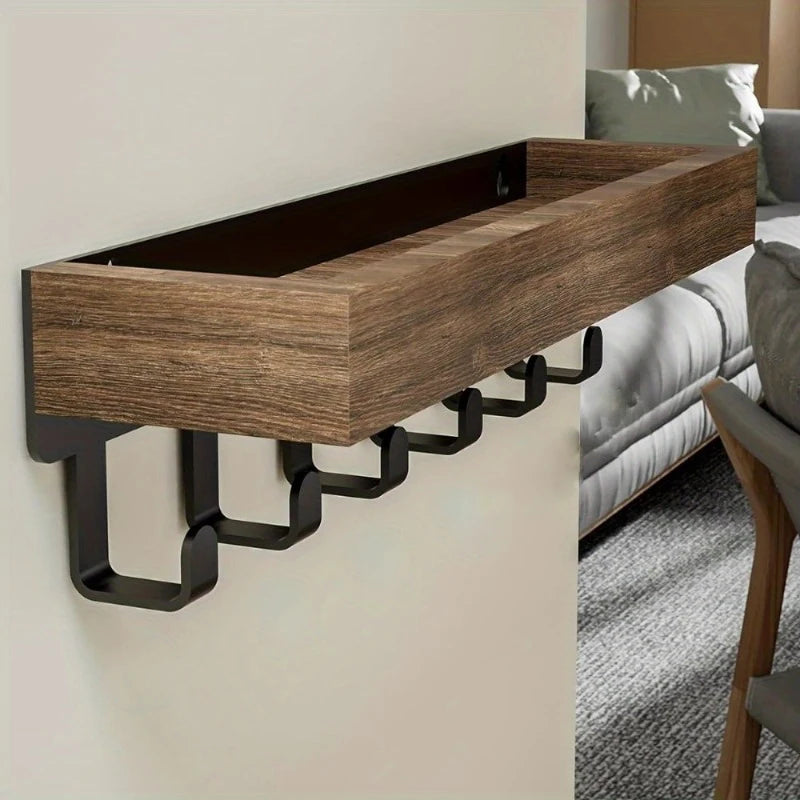 Rustic Wooden Floating Shelf with 6 Hooks Shower Caddy and Key Holder
