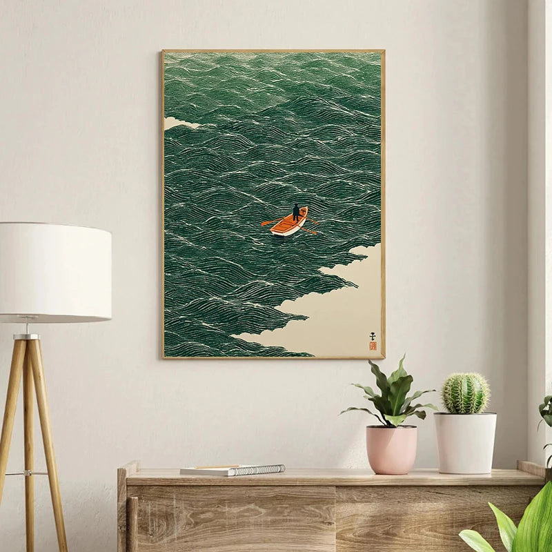 Retro Japanese Forest & Koi Fish Zen Water Waves Crane Painting Canvas Poster Print