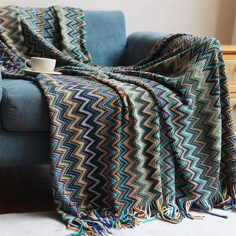 100% Acryl Hand Knitted Blanket with Tassel