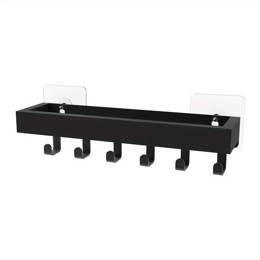 Rustic Wooden Floating Shelf with 6 Hooks Shower Caddy and Key Holder