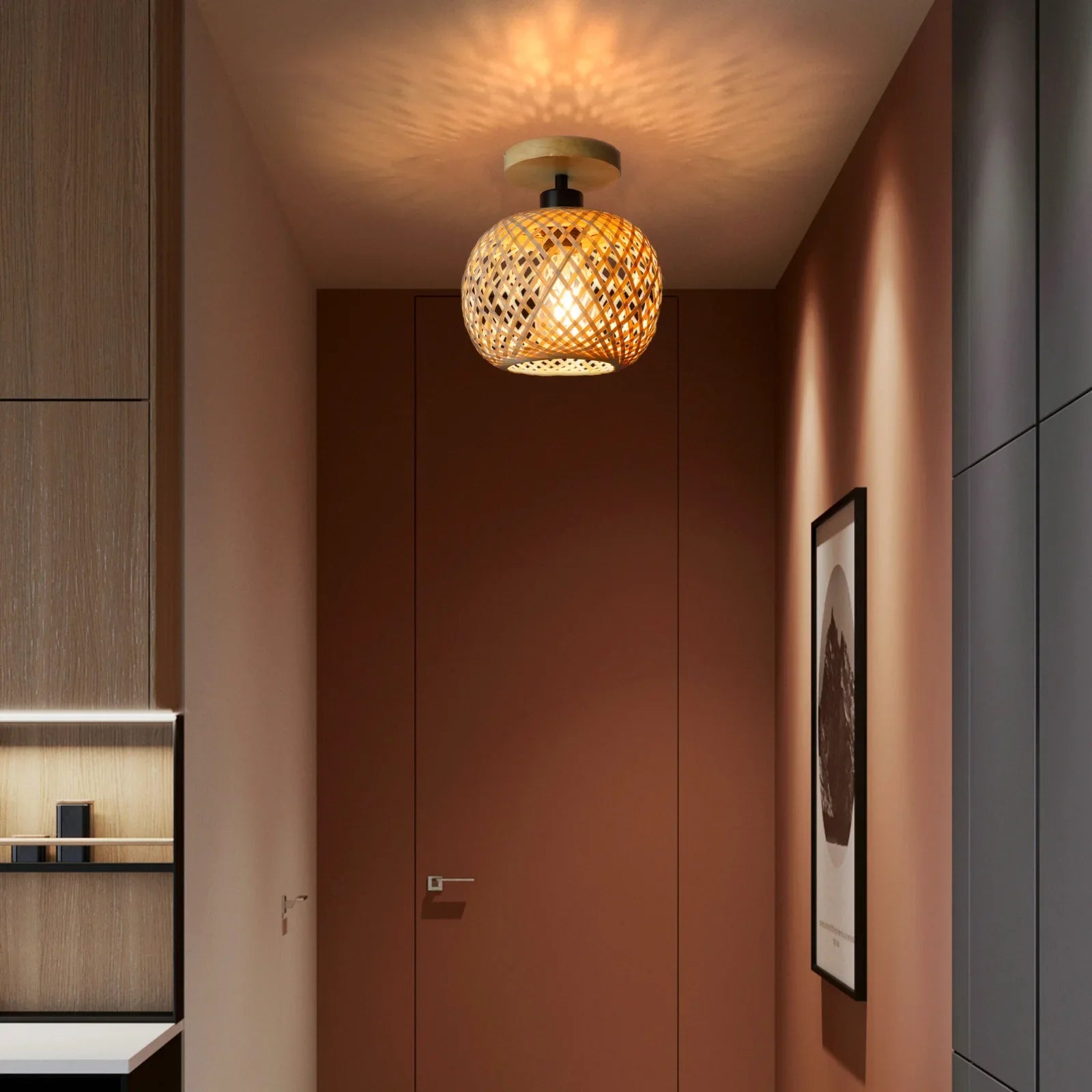 Retro Led Bamboo Woven Ceiling Lamp