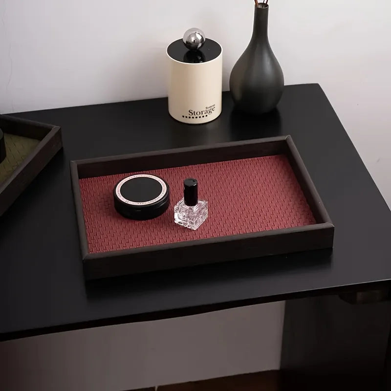 1pc Woven Texture Faux Leather Storage Tray