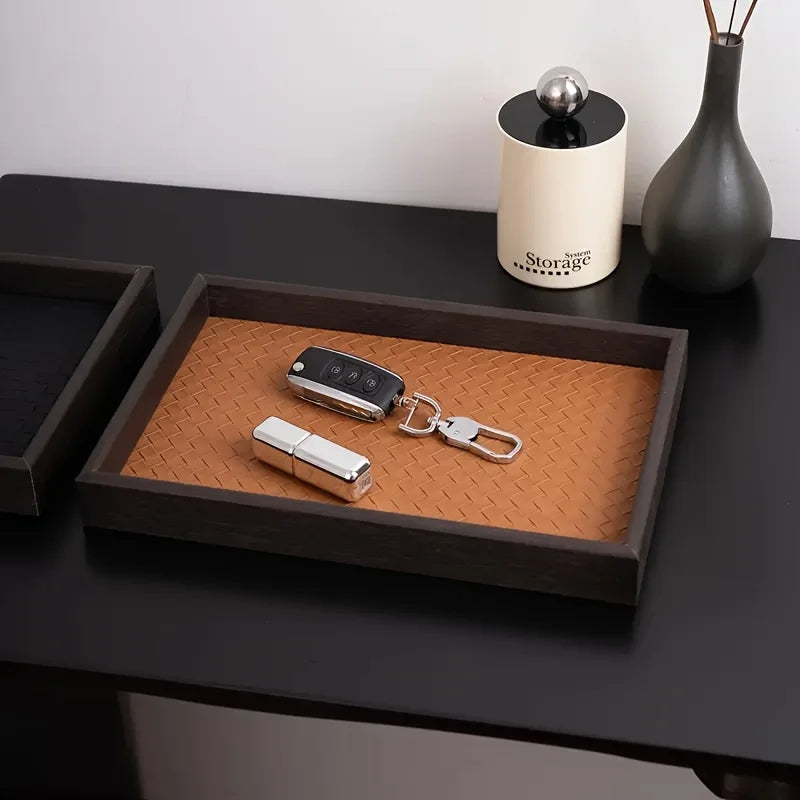 1pc Woven Texture Faux Leather Storage Tray