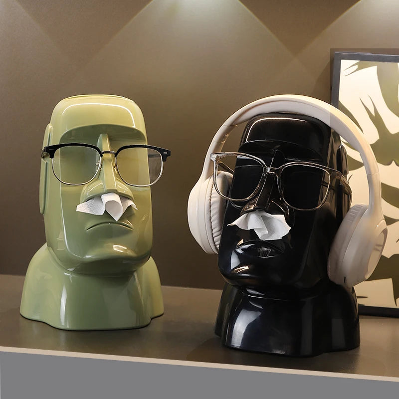 Creative Moai Stone Statue Tissue Box Glasses Holder Head Mounted Earphone Stand